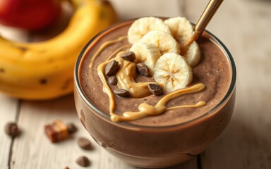 A chocolate smoothie with peanut butter, bananas, and chocolate chips on a wooden surface