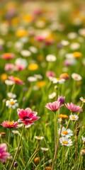 Colorful wildflower meadow blooms with vibrant pink and white petals in sunny spring weather