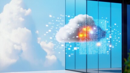 Abstract cloud computing concept. Digital data flows from a fluffy white cloud against a bright blue sky and modern glass building background.