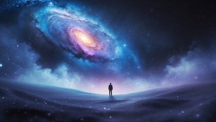 Obraz premium Galactic exploration under a vivid spiral galaxy at night with a lone figure contemplating the cosmos