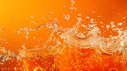 A bright splash of orange soda surrounded by bubbles against a solid orange background.