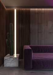 A modern living room with a purple sofa. a tall cactus plant. and a sleek. minimalist design