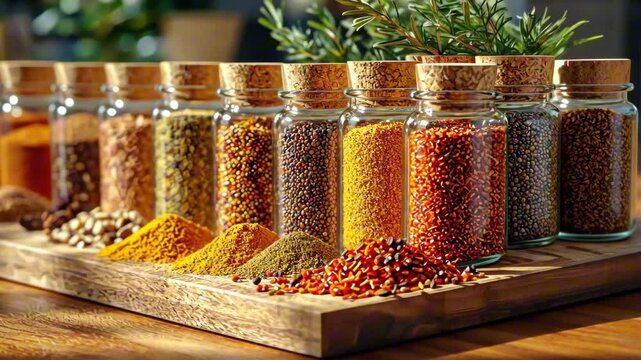 Variety of colorful spices and herbs in glass jars on wooden tray