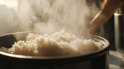 ほぐされる炊きたてのご飯&mdash;炊飯器の中の温もりを捉えたドキュメンタリー風ショット