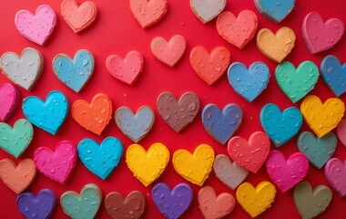 Fototapeta premium A red background with heart-shaped colorful post-it notes scattered around