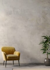 A yellow velvet armchair with black legs in a minimalist living room with a gray concrete wall and a green potted plant