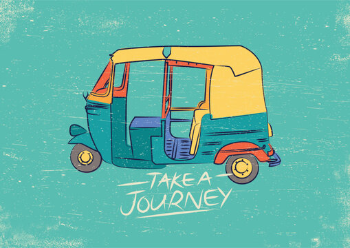 Vector Illustration of colorful Indian Rickshaw. Vintage and Retro style tuk tuk taxi design.