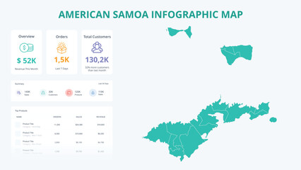 Business Growth Infographic Map of American Samoa. Orders, Customers, Sales Overview & product Infographic Map of American Samoa. Easy to edit