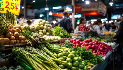 Vibrant fresh produce at bustling outdoor market stall