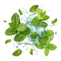 Fresh green mint leaves splashing with water, cut out pn on transparent background, generate ai 