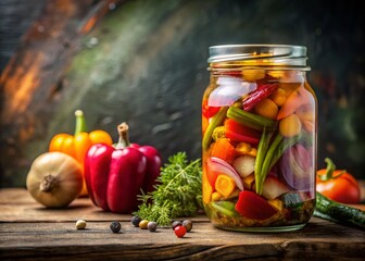 Colorful Pickled Vegetables in Glass Jar -  Farm Fresh, Homemade Preserves,  Healthy Food Stock Photo