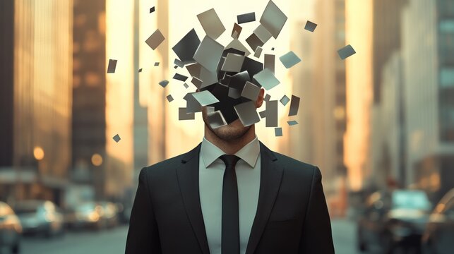 Businessman experiencing information overload in a city setting, with his head exploding into abstract shapes, symbolizing stress, burnout, and mental health challenges