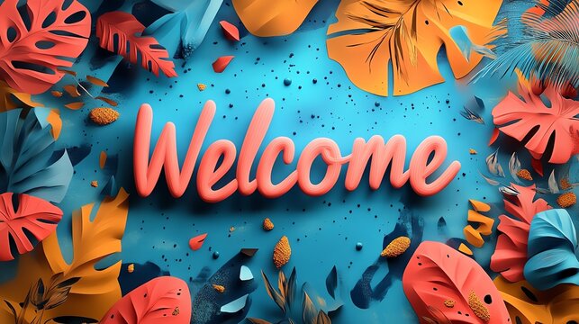 A vibrant and cheerful welcome sign surrounded by colorful tropical leaves. Ideal for inviting settings, events, or relaxed atmospheres, bringing a friendly and warm ambiance.
