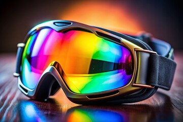 Colorful Ski Goggles Close-up: Reflective Lenses & Black Strap - Winter Sports Gear