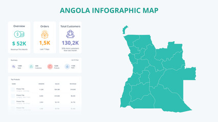 Obraz premium Business Growth Infographic Map of Angola. Orders, Customers, Sales Overview & product Infographic Map of Angola. Easy to edit