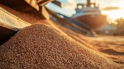 A large pile of grain being unloaded from a ship, creating a calm and peaceful scene as it is spread out methodically across the ground.