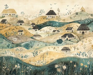 Picturesque Village Houses Nestled on Rolling Hills and Meadows, Serene Landscape Artwork