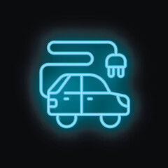 Neon sign of an electric car charging from a power plug, symbolizing sustainable transportation and clean energy