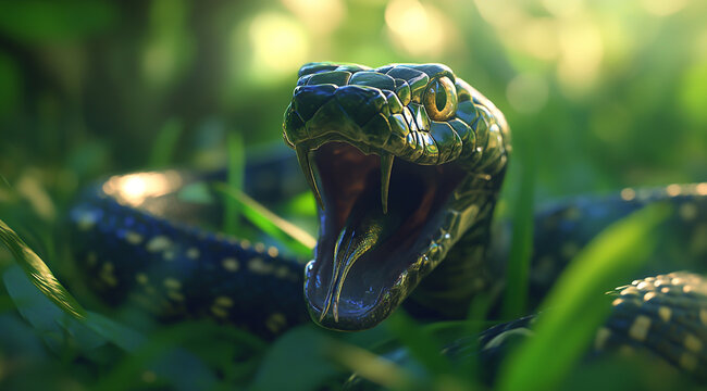 Black snake on green grass background, close-up photo of a black mamba
