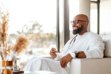 Fototapeta premium A smiling bald African American doctor sits in a modern armchair, holding a tissue, thoughtfully looking out a window