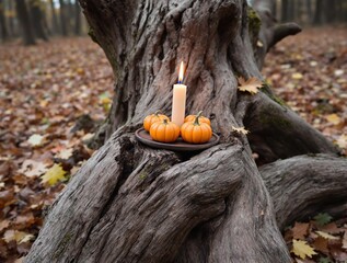 rustic autumn arrangement with miniature pumpkins and lit candle on gnarled tree trunk, cozy outdoor fall scene