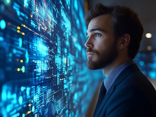 Young businessman analyzing futuristic data screen.