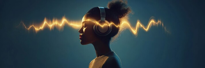 Person wearing headphones with vibrant sound waves emanating from them, symbolizing mental overload, stress, and information burnout. The image captures the essence of cognitive pressure