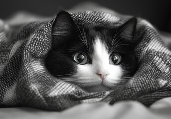 Adorable black and white cat peeking out from underneath a cozy blanket with large round eyes and an expression of curiosity and wonder in a soft bedroom setting