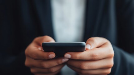 A close-up of hands holding a smartphone, symbolizing modern communication and technology in a professional setting.