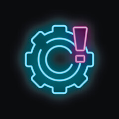 Neon gear with an exclamation mark is glowing on a black background