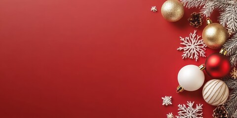 Festive Christmas Ornaments Arranged On Red Background