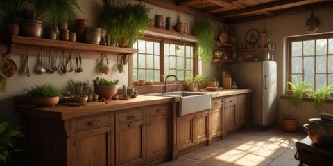 Traditional Ayurvedic kitchen with medicinal plants, spices, utensils, ayurveda