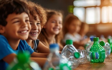 A group of smiling children sit at a table, surrounded by empty plastic bottles, engaging in a fun activity focused on recycling and environmental awareness.