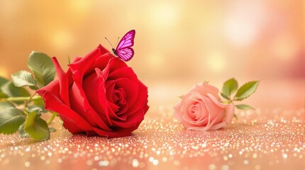 Obraz premium Red rose with butterfly on pink background, butterfly on a flower