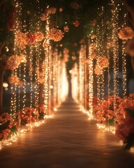 Obraz premium Romantic wedding aisle with lights and flowers.