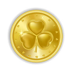 Saint patrick's day lucky gold coin shamrock isolated on white background. Vector illustration