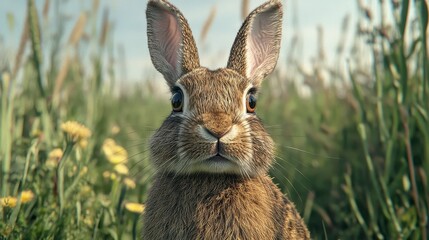 Obraz premium Close Up Of Brown Rabbit In Field With Yellow Flowers