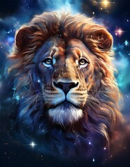 Naklejka premium Majestic lion emerging from cosmic nebula with sparkling stars