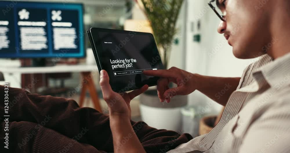 Poster Hands, tablet and screen at startup with reading, inspection or check progress for job search application. Person, developer and digital touchscreen with review, process and user experience at agency