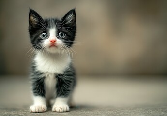 Fototapeta premium Adorable black and white kitten with bright blue eyes standing curiously on a soft surface, capturing hearts with its innocent charm and playful demeanor
