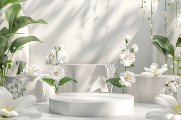 Cylinder podium for product placement surrounded by different flowers. Neural network ai generated