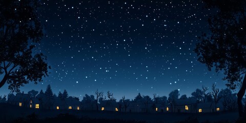 Nighttime Village Scene Under Starlit Sky