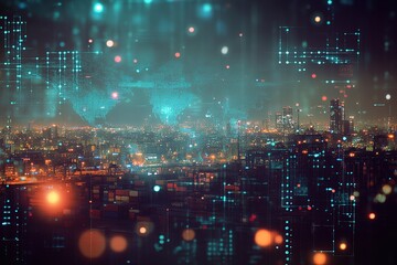 Obraz premium Global Network: Cityscapes Illuminated by Digital Data Streams at Night