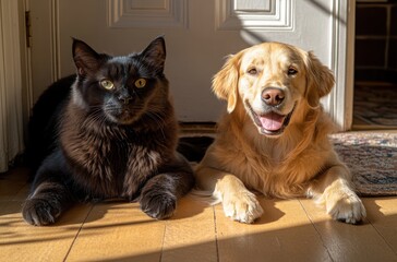 Adorable Black Cat and Happy Golden Retriever Relaxing Together in Sunlight at Home, Capturing Moments of Friendship and Joy