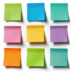Fototapeta premium Colorful sticky notes arranged in an orderly fashion for taking notes on a white background.