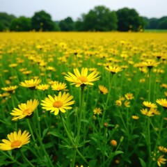 Obraz premium Field of bright yellow daisies and green foliage, countryside, flower