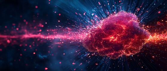 A vibrant cosmic explosion showcases a colorful nebula with radiant particles streaming outward in a stellar backdrop.