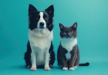 Obraz premium Adorable Border Collie Dog and Grey Tabby Cat Sitting Together on Turquoise Background, Capturing the Spirit of Friendship Between Pets