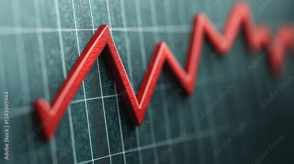 Poster a red line graph showing fluctuating trends against a dark grid background, suggesting changes in da