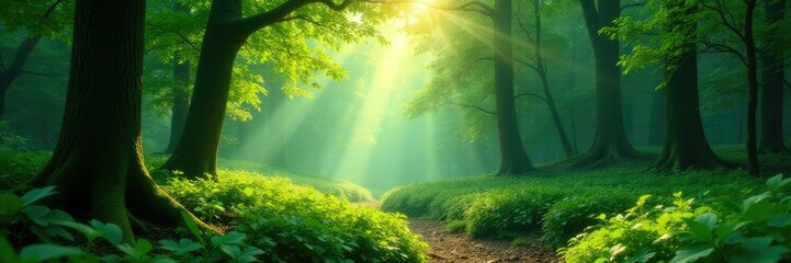 Lush greenery of a dense forest with sunlight filtering, forest, greenery, woodland